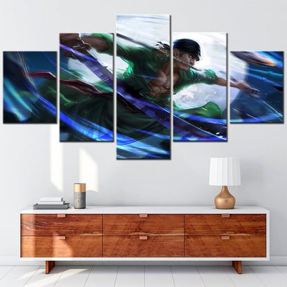 One Piece Canvas Wall Art - Roronoa Zoro Three Sword Style 5 Piece Split Panel Anime Poster - Framed Ready to Hang Living Room & Man Cave Decor - OP5167