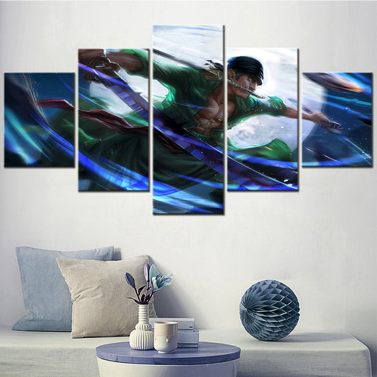 One Piece Canvas Wall Art - Roronoa Zoro Three Sword Style 5 Piece Split Panel Anime Poster - Framed Ready to Hang Living Room & Man Cave Decor - OP5167