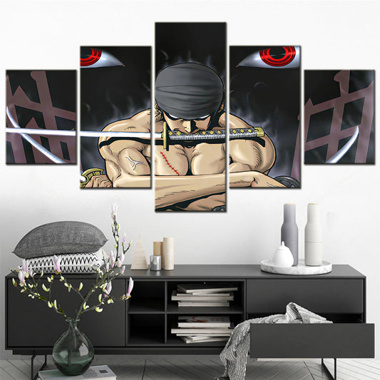 One Piece Canvas Wall Art - Roronoa Zoro Three Sword Style 5 Piece Split Panel Anime Poster - Framed Ready to Hang Living Room & Man Cave Decor - OP5168