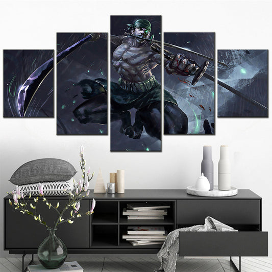 One Piece Canvas Wall Art - Roronoa Zoro Three Sword Style 5 Piece Split Panel Anime Poster - Framed Ready to Hang Living Room & Man Cave Decor - OP5169