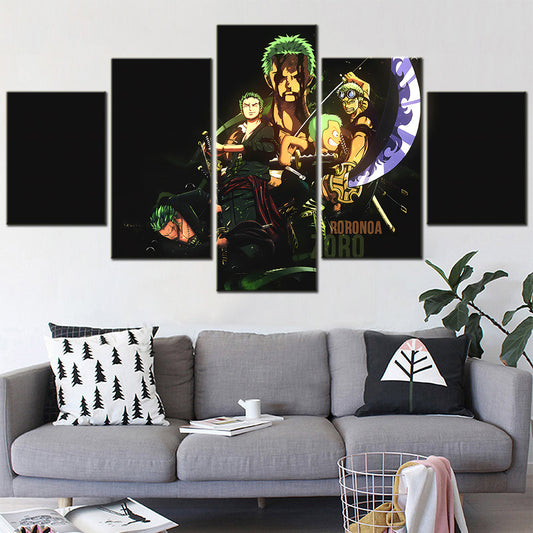 One Piece Canvas Wall Art - Roronoa Zoro Three Sword Style 5 Piece Split Panel Anime Poster - Framed Ready to Hang Living Room & Man Cave Decor - OP5170
