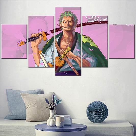 One Piece Canvas Wall Art - Roronoa Zoro Three Sword Style 5 Piece Split Panel Anime Poster - Framed Ready to Hang Living Room & Man Cave Decor - OP5171