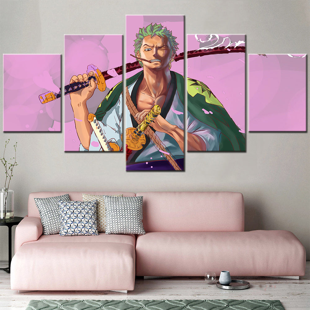 One Piece Canvas Wall Art - Roronoa Zoro Three Sword Style 5 Piece Split Panel Anime Poster - Framed Ready to Hang Living Room & Man Cave Decor - OP5171