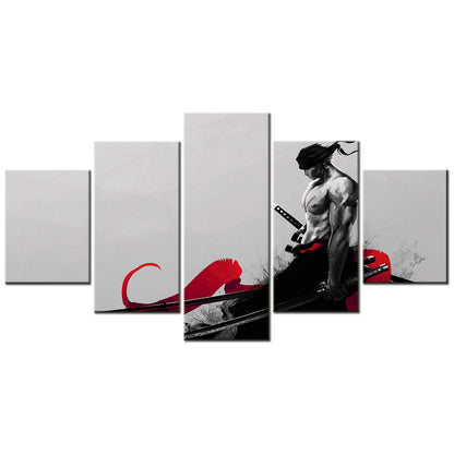 One Piece Canvas Wall Art - Roronoa Zoro Three Sword Style 5 Piece Split Panel Anime Poster - Framed Ready to Hang Living Room & Man Cave Decor - OP5172