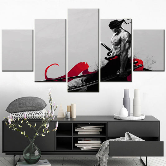 One Piece Canvas Wall Art - Roronoa Zoro Three Sword Style 5 Piece Split Panel Anime Poster - Framed Ready to Hang Living Room & Man Cave Decor - OP5172