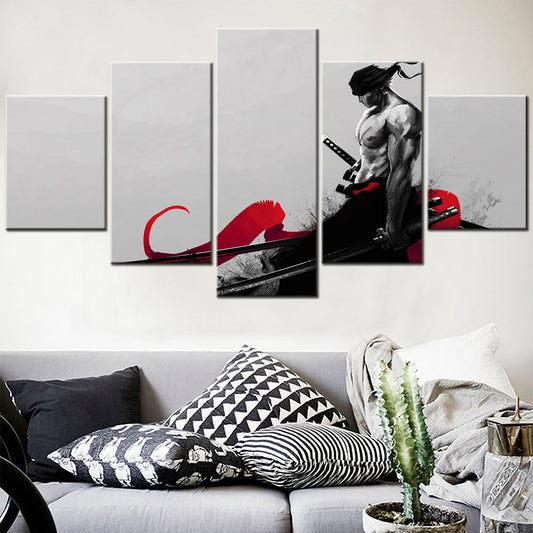 One Piece Canvas Wall Art - Roronoa Zoro Three Sword Style 5 Piece Split Panel Anime Poster - Framed Ready to Hang Living Room & Man Cave Decor - OP5172