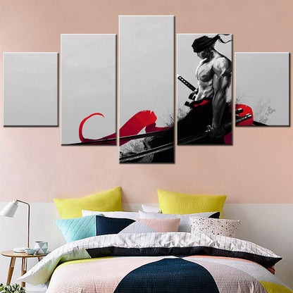 One Piece Canvas Wall Art - Roronoa Zoro Three Sword Style 5 Piece Split Panel Anime Poster - Framed Ready to Hang Living Room & Man Cave Decor - OP5172