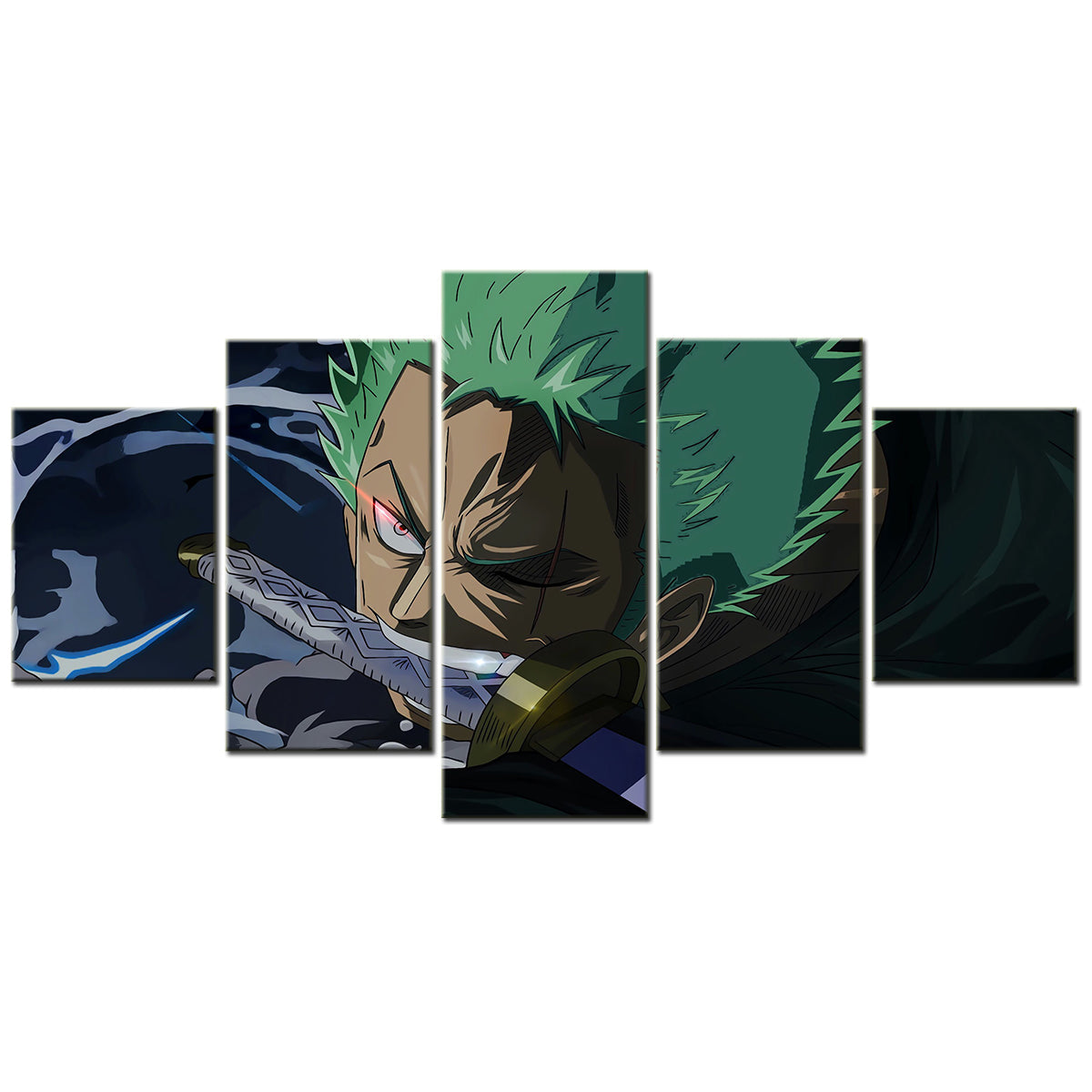One Piece Canvas Wall Art - Roronoa Zoro Three Sword Style 5 Piece Split Panel Anime Poster - Framed Ready to Hang Living Room & Man Cave Decor - OP5173