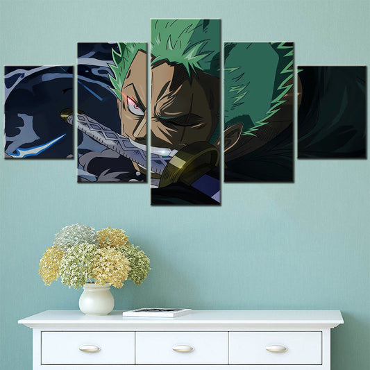One Piece Canvas Wall Art - Roronoa Zoro Three Sword Style 5 Piece Split Panel Anime Poster - Framed Ready to Hang Living Room & Man Cave Decor - OP5173