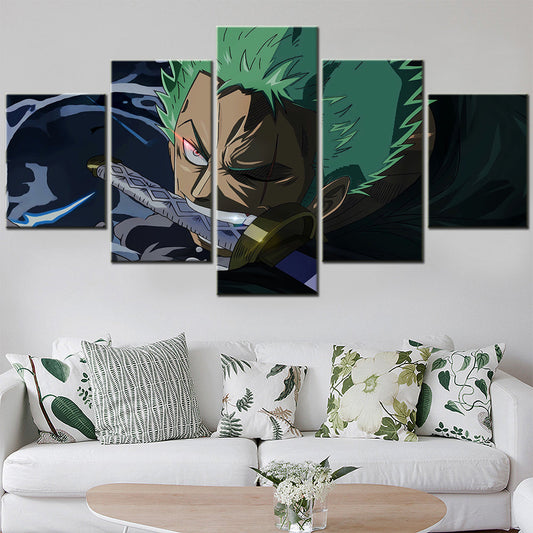 One Piece Canvas Wall Art - Roronoa Zoro Three Sword Style 5 Piece Split Panel Anime Poster - Framed Ready to Hang Living Room & Man Cave Decor - OP5173
