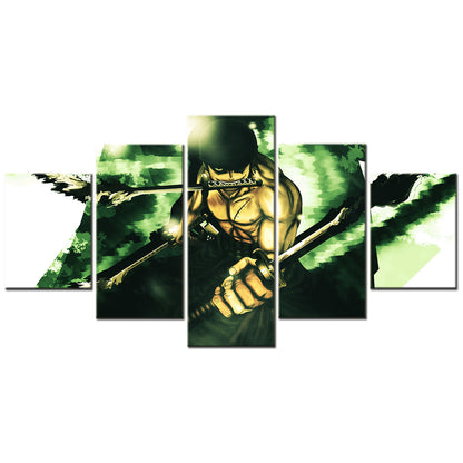 One Piece Canvas Wall Art - Roronoa Zoro Three Sword Style 5 Piece Split Panel Anime Poster - Framed Ready to Hang Living Room & Man Cave Decor - OP5174