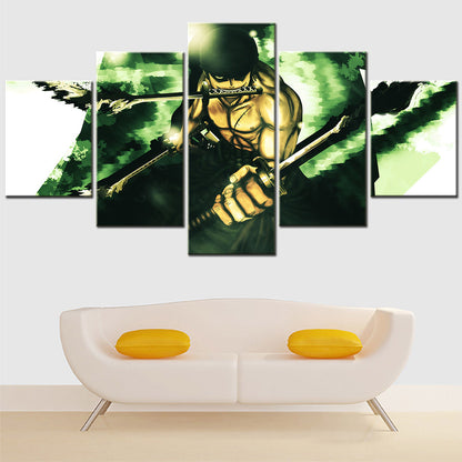 One Piece Canvas Wall Art - Roronoa Zoro Three Sword Style 5 Piece Split Panel Anime Poster - Framed Ready to Hang Living Room & Man Cave Decor - OP5174