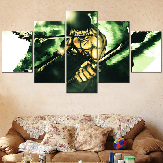 One Piece Canvas Wall Art - Roronoa Zoro Three Sword Style 5 Piece Split Panel Anime Poster - Framed Ready to Hang Living Room & Man Cave Decor - OP5174
