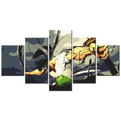 One Piece Canvas Wall Art - Roronoa Zoro Three Sword Style 5 Piece Split Panel Anime Poster - Framed Ready to Hang Living Room & Man Cave Decor - OP5175