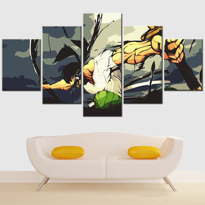 One Piece Canvas Wall Art - Roronoa Zoro Three Sword Style 5 Piece Split Panel Anime Poster - Framed Ready to Hang Living Room & Man Cave Decor - OP5175