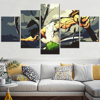 One Piece Canvas Wall Art - Roronoa Zoro Three Sword Style 5 Piece Split Panel Anime Poster - Framed Ready to Hang Living Room & Man Cave Decor - OP5175