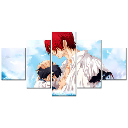 One Piece Canvas Wall Art - Shanks - Don't Cry You Are Man 5 Piece Split Panel Anime Poster - Framed Ready to Hang Living Room & Man Cave Decor - OP5176