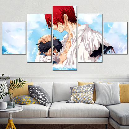 One Piece Canvas Wall Art - Shanks - Don't Cry You Are Man 5 Piece Split Panel Anime Poster - Framed Ready to Hang Living Room & Man Cave Decor - OP5176