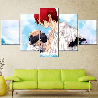 One Piece Canvas Wall Art - Shanks - Don't Cry You Are Man 5 Piece Split Panel Anime Poster - Framed Ready to Hang Living Room & Man Cave Decor - OP5176