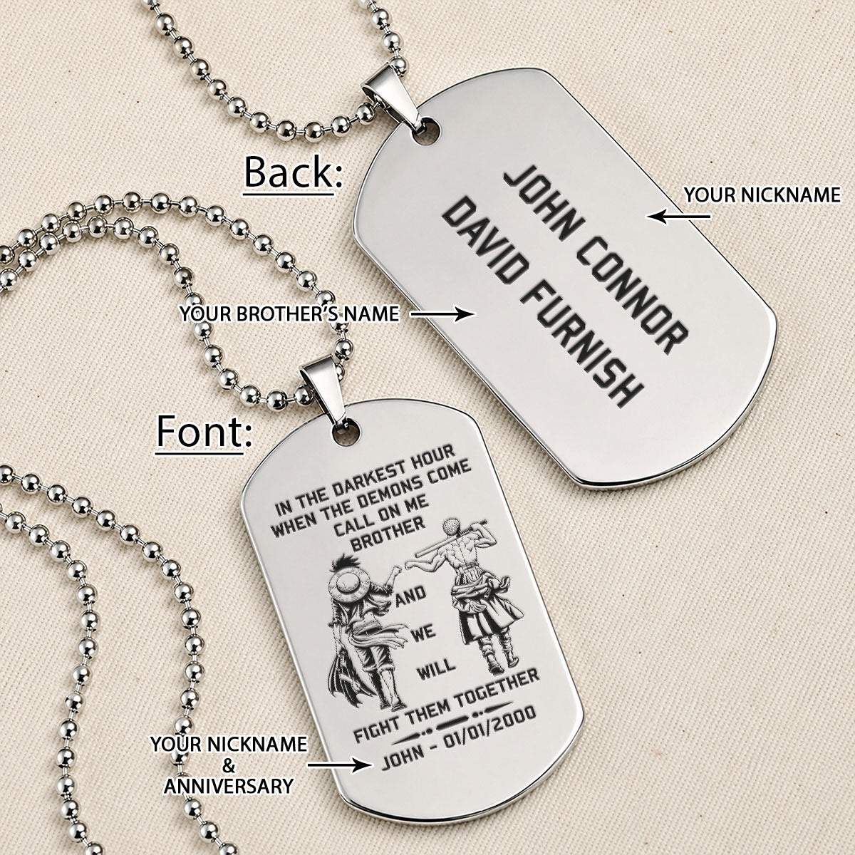Personalized One Piece Luffy & Zoro Brother Dog Tag Necklace - "Call On Me Brother" Engraved Stainless Steel Military Pendant Gift for Men