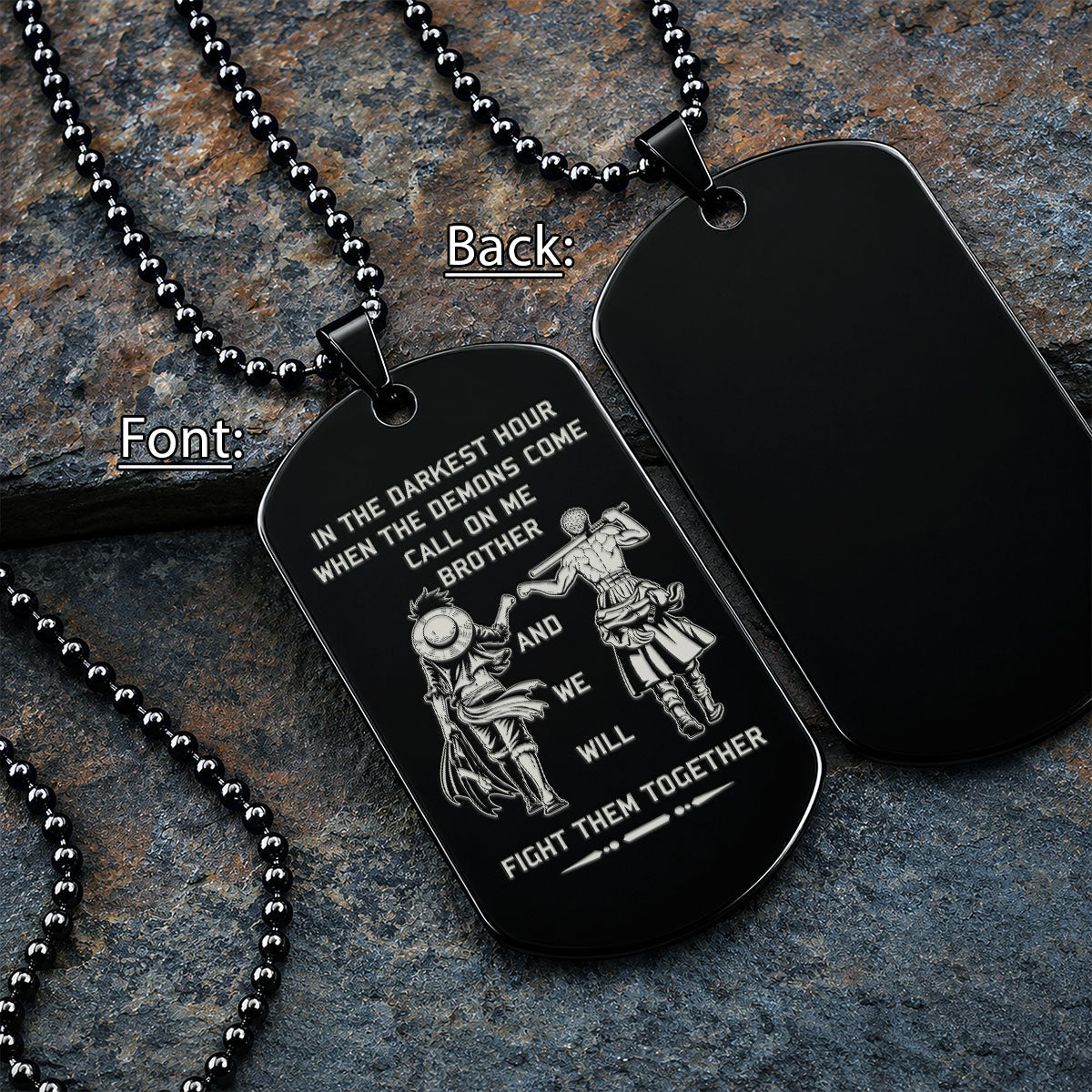 Personalized One Piece Luffy & Zoro Brother Dog Tag Necklace - "Call On Me Brother" Engraved Stainless Steel Military Pendant Gift for Men