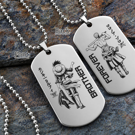 One Piece Engraved Dog Tag Necklace - OPD005 - Monkey D. Luffy - Roronoa Zoro - Brother Forever - Military Ball Chain