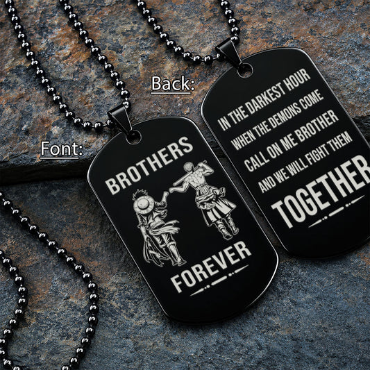 One Piece Engraved Dog Tag Necklace - OPD016 - Monkey D. Luffy - Roronoa Zoro - Brothers Forever - Military Ball Chain