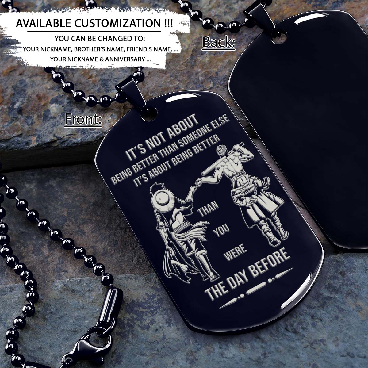 One Piece Dog Tag - It's About Being Better Than You Were The Day Before - Monkey D. Luffy - Roronoa Zoro - One Piece Necklace - Engrave Dog Tag