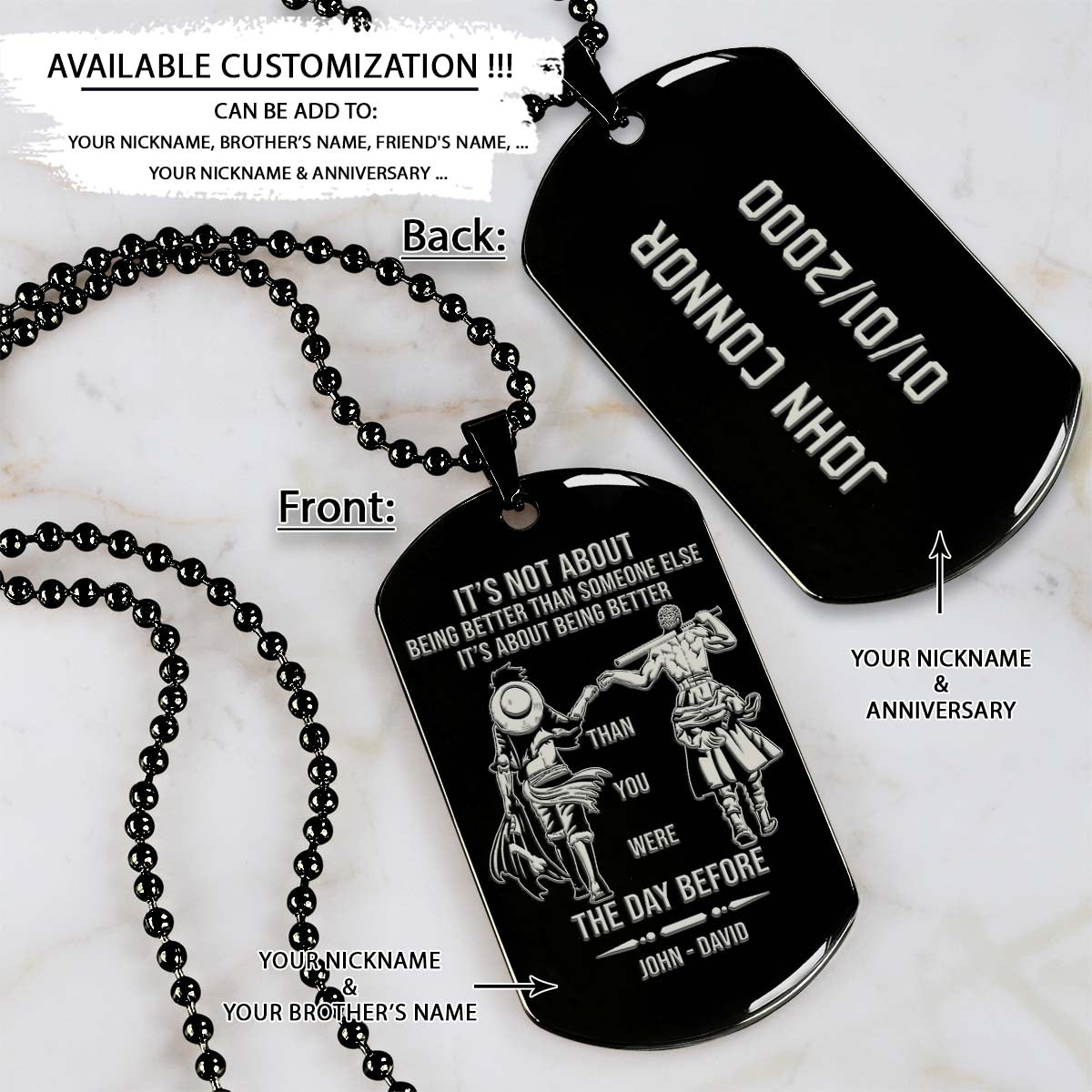 One Piece Dog Tag - It's About Being Better Than You Were The Day Before - Monkey D. Luffy - Roronoa Zoro - One Piece Necklace - Engrave Dog Tag