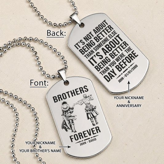 One Piece Engraved Dog Tag Necklace - OPD017 - Monkey D. Luffy - Roronoa Zoro - Brothers Forever - Military Ball Chain
