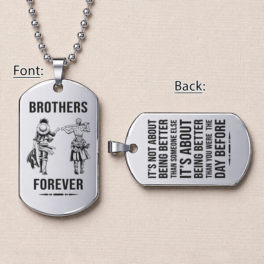Personalized One Piece Luffy & Zoro Brother Dog Tag Necklace - "Brothers Forever" Engraved Stainless Steel Military Pendant Gift for Men