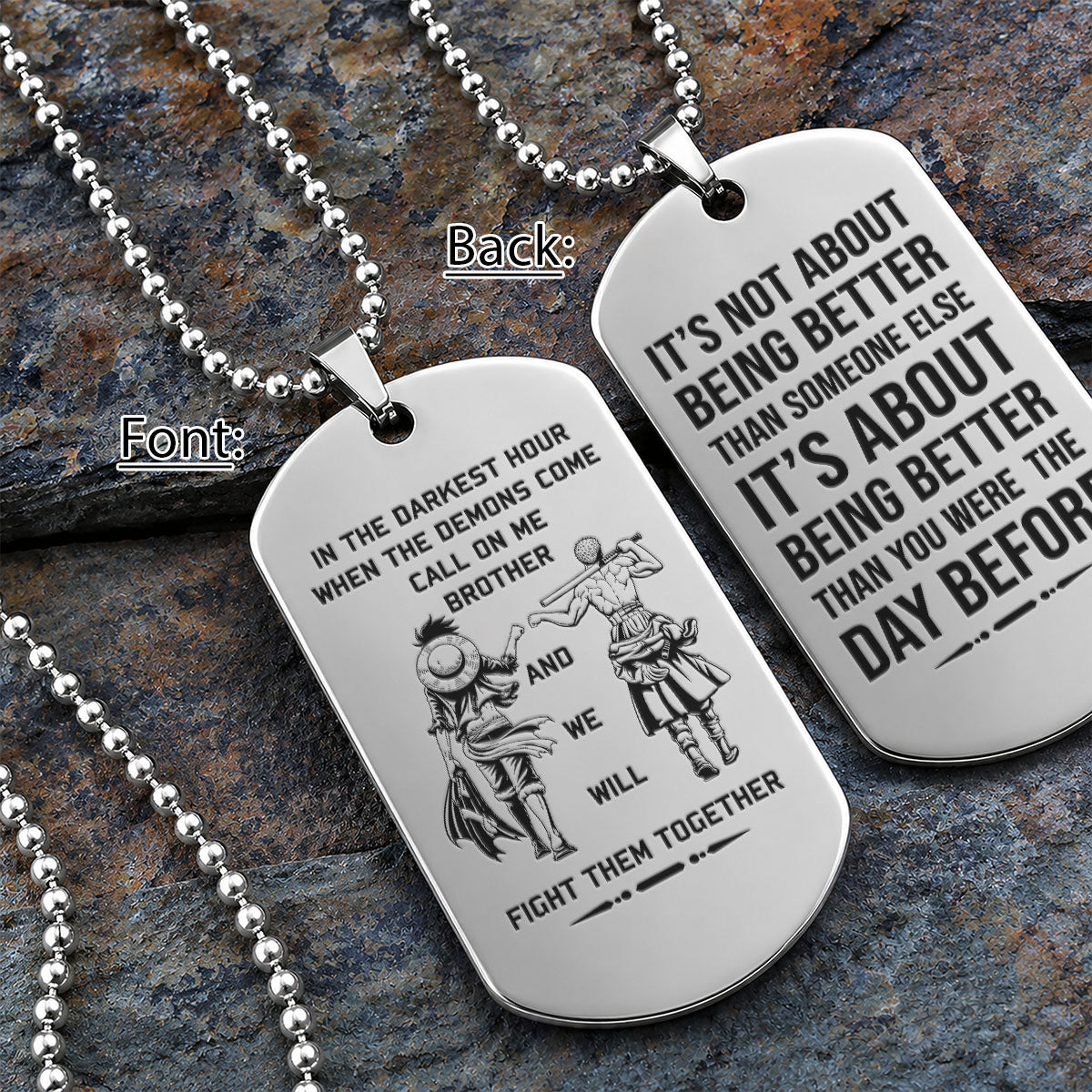Personalized One Piece Luffy & Zoro Brother Dog Tag Necklace - "Call On Me Brother" Engraved Stainless Steel Military Pendant Gift for Men