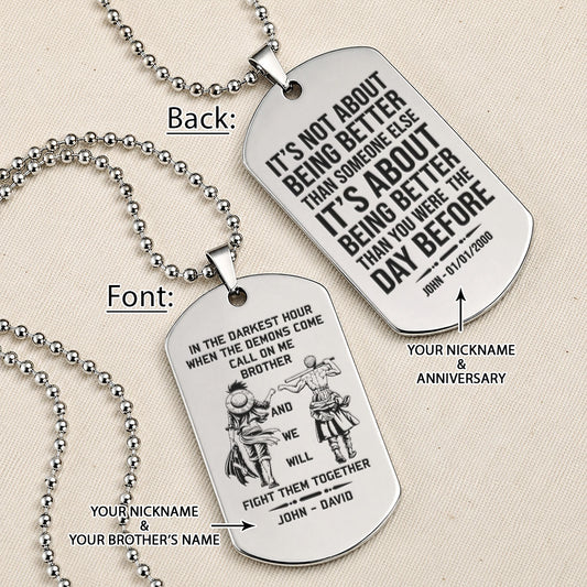 One Piece Engraved Dog Tag Necklace - OPD019 - Monkey D. Luffy - Roronoa Zoro - Call On Me Brother - Military Ball Chain