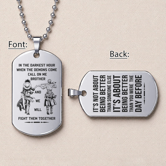 Personalized One Piece Luffy & Zoro Brother Dog Tag Necklace - "Call On Me Brother" Engraved Stainless Steel Military Pendant Gift for Men