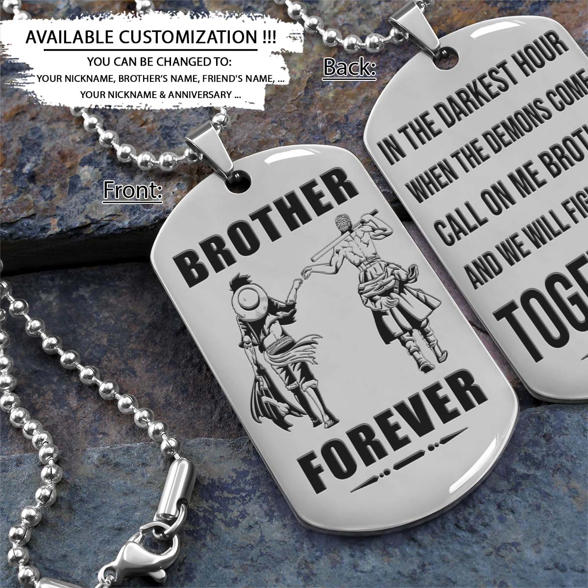One Piece Dog Tag - Brother Forever - Call On Me Brother - Monkey D. Luffy - Roronoa Zoro - One Piece Necklace - Engrave Dog Tag