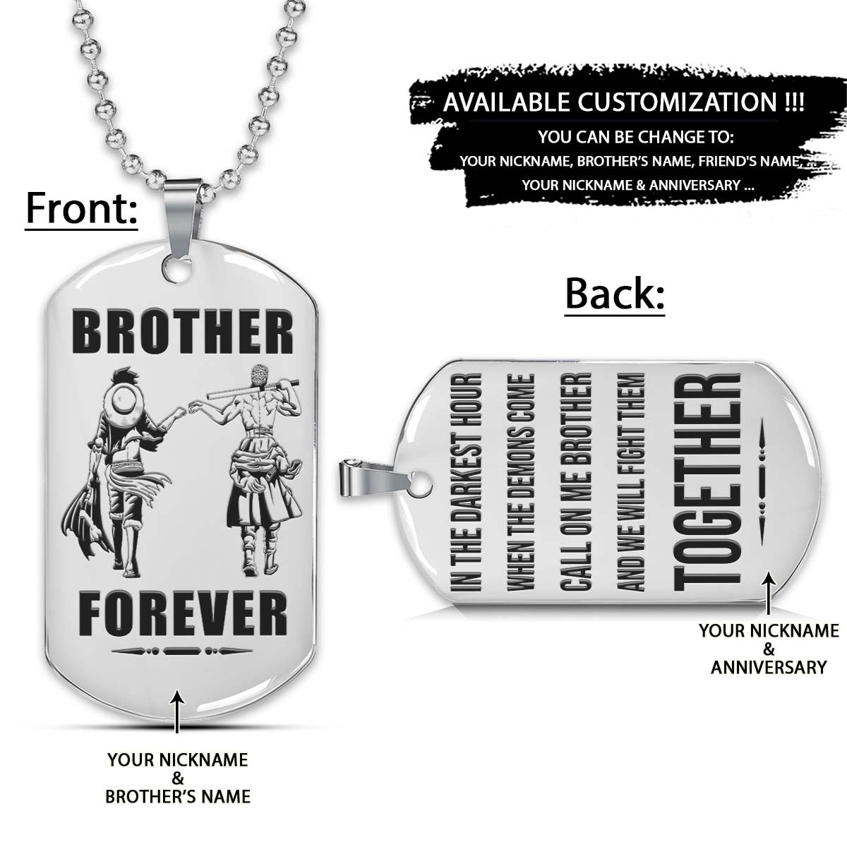 One Piece Dog Tag - Brother Forever - Call On Me Brother - Monkey D. Luffy - Roronoa Zoro - One Piece Necklace - Engrave Dog Tag