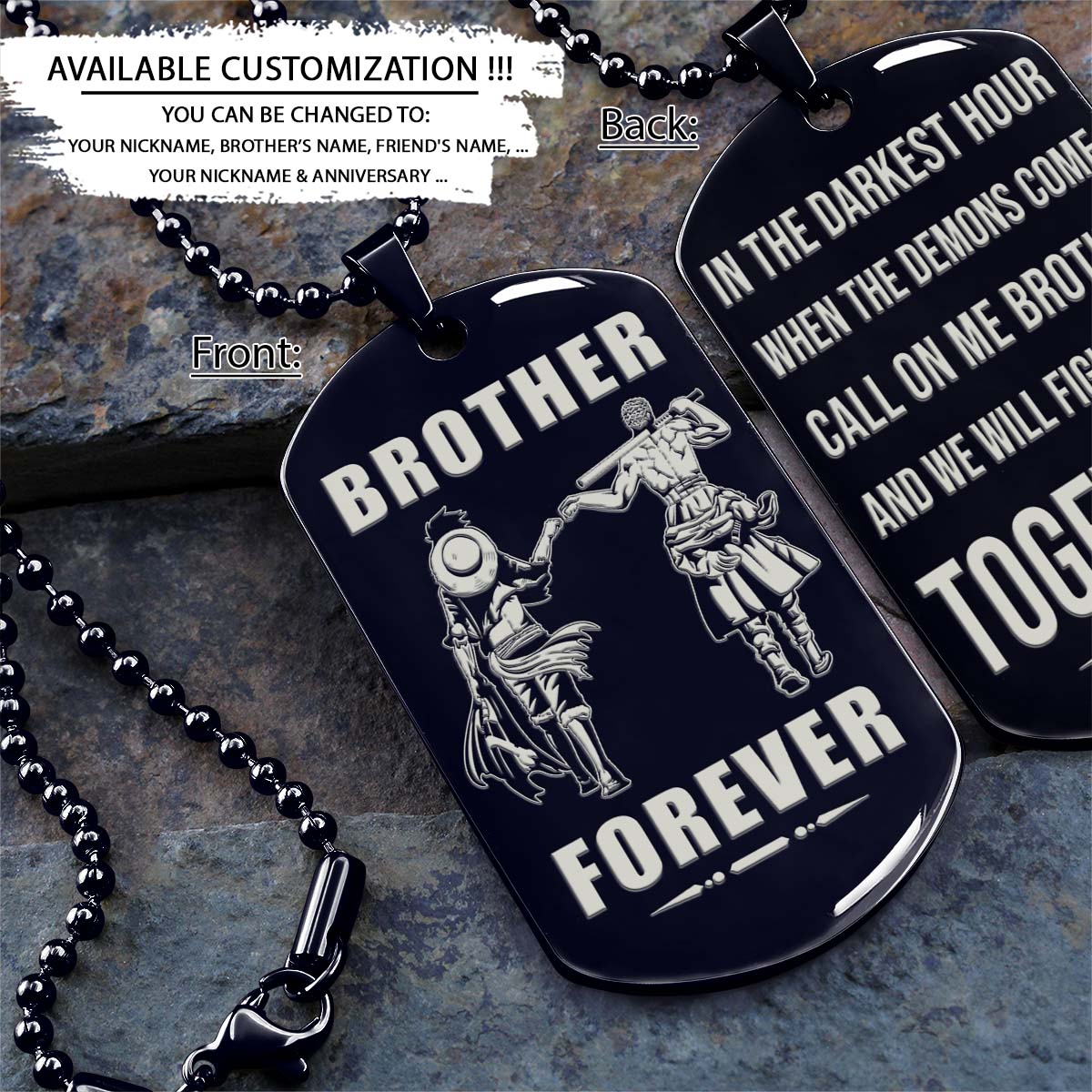 One Piece Dog Tag - Brother Forever - Call On Me Brother - Monkey D. Luffy - Roronoa Zoro - One Piece Necklace - Engrave Dog Tag