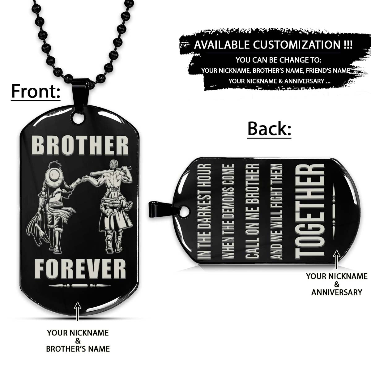 One Piece Dog Tag - Brother Forever - Call On Me Brother - Monkey D. Luffy - Roronoa Zoro - One Piece Necklace - Engrave Dog Tag
