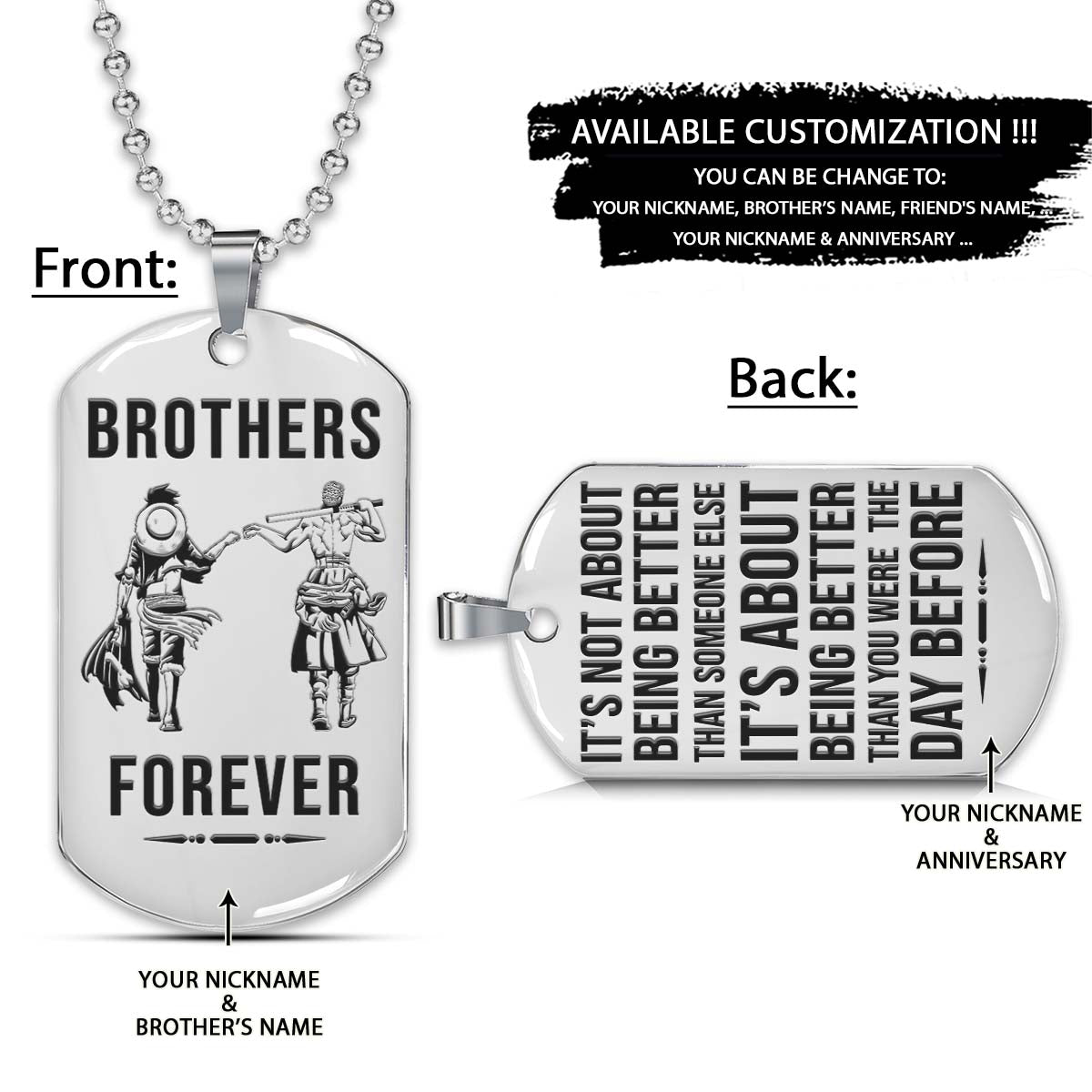 One Piece Dog Tag - Brothers Forever - It's About Being Better Than You Were The Day Before - Monkey D. Luffy - Roronoa Zoro - One Piece Necklace - Engrave Dog Tag