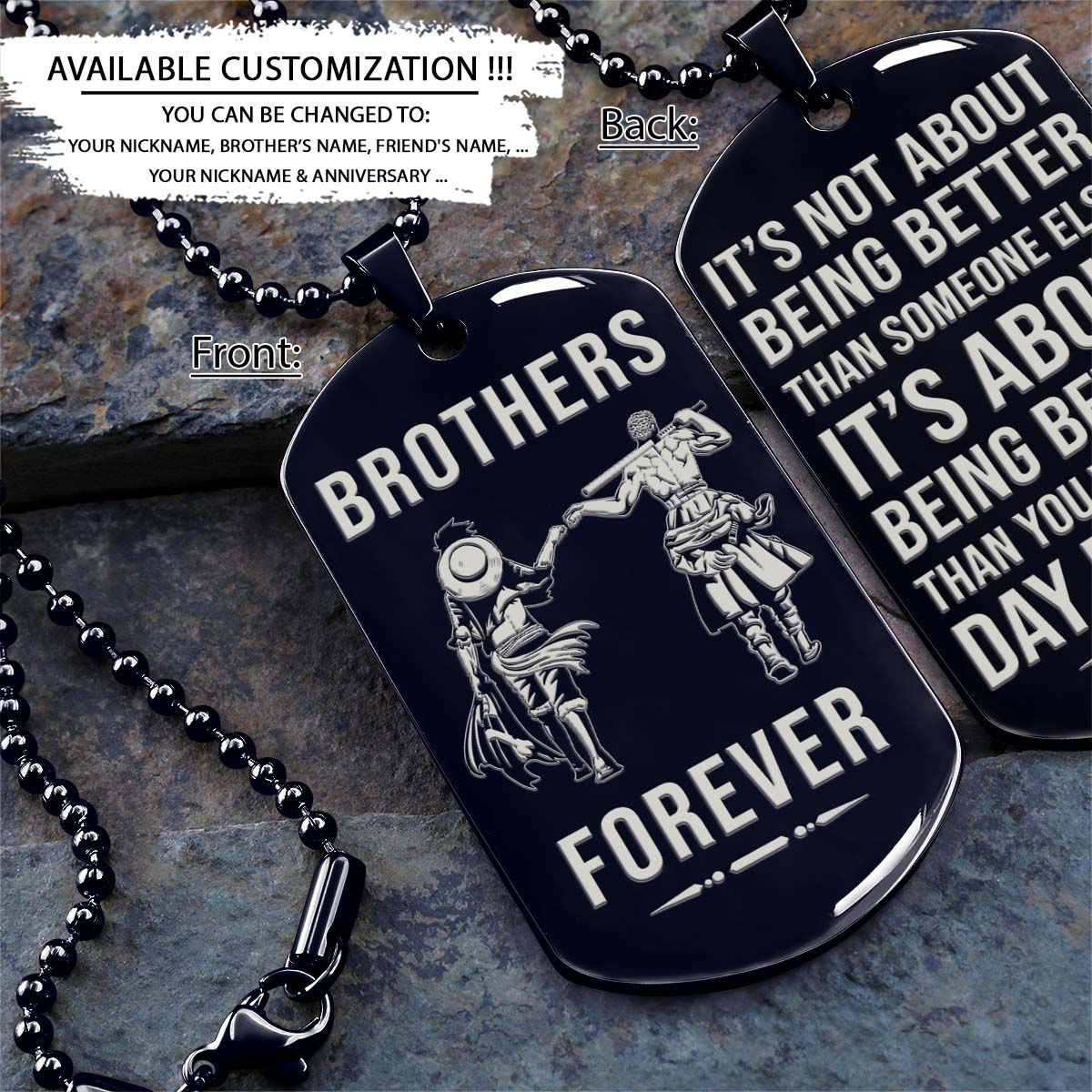 One Piece Dog Tag - Brothers Forever - It's About Being Better Than You Were The Day Before - Monkey D. Luffy - Roronoa Zoro - One Piece Necklace - Engrave Dog Tag