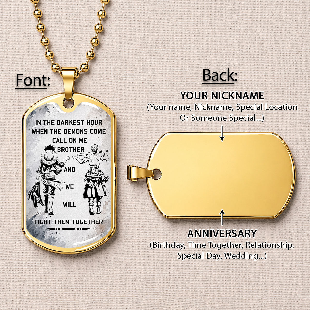 Personalized One Piece Luffy & Zoro Brother Dog Tag Necklace - Call On Me Brother - Stainless Steel Military Pendant Gift for Men - OPDL001