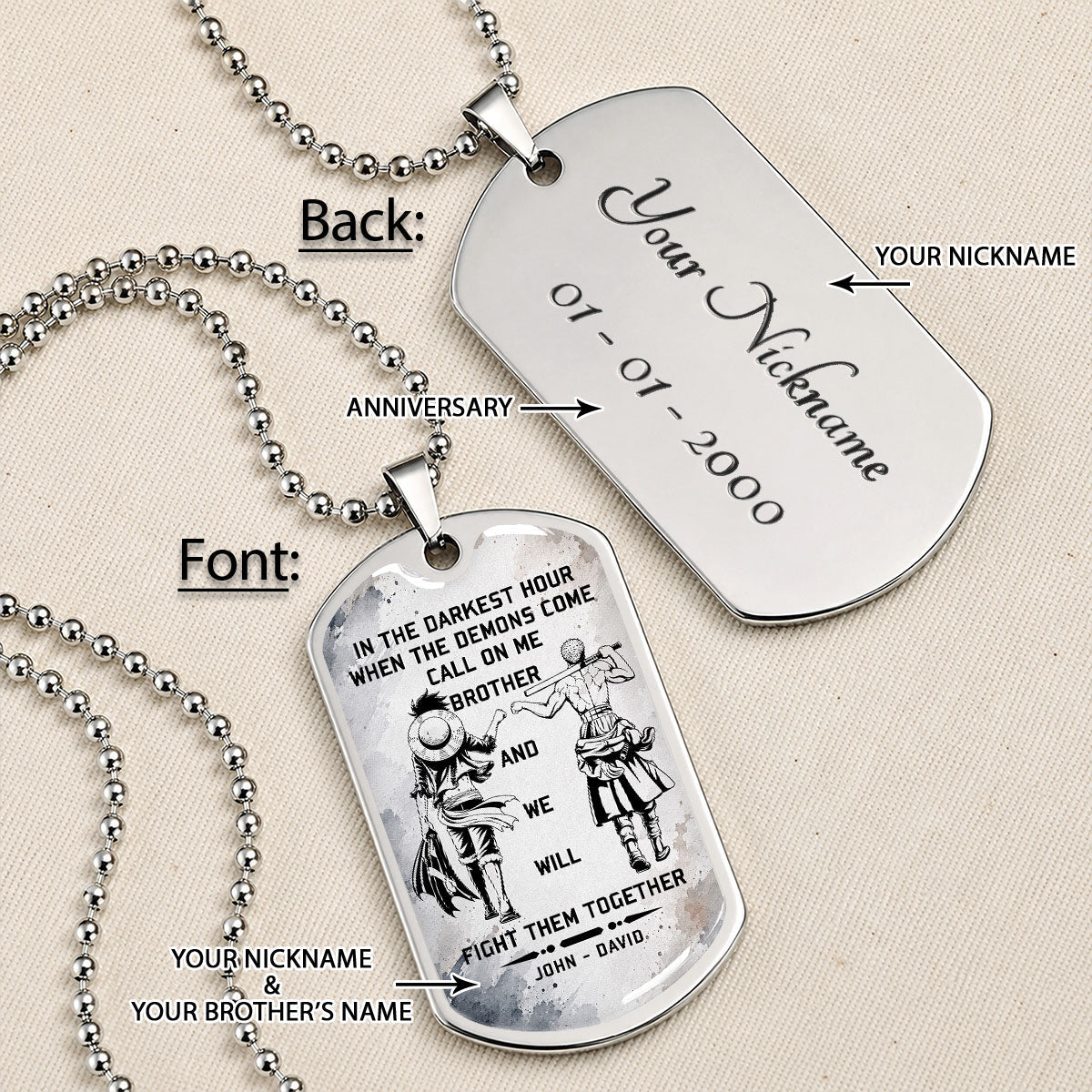 Personalized One Piece Luffy & Zoro Brother Dog Tag Necklace - Call On Me Brother - Stainless Steel Military Pendant Gift for Men - OPDL001