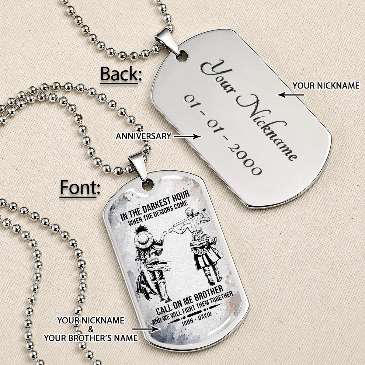 One Piece Dog Tag Necklace - OPDL002 - Monkey D. Luffy - Roronoa Zoro - Call On Me Brother - Military Ball Chain