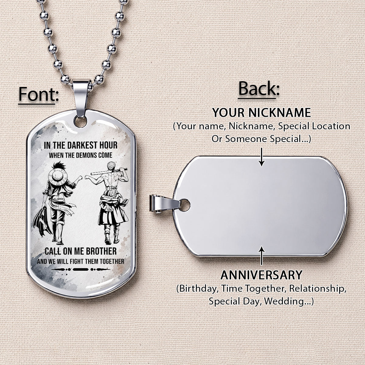 Personalized One Piece Luffy & Zoro Brother Dog Tag Necklace - Call On Me Brother - Stainless Steel Military Pendant Gift for Men - OPDL002