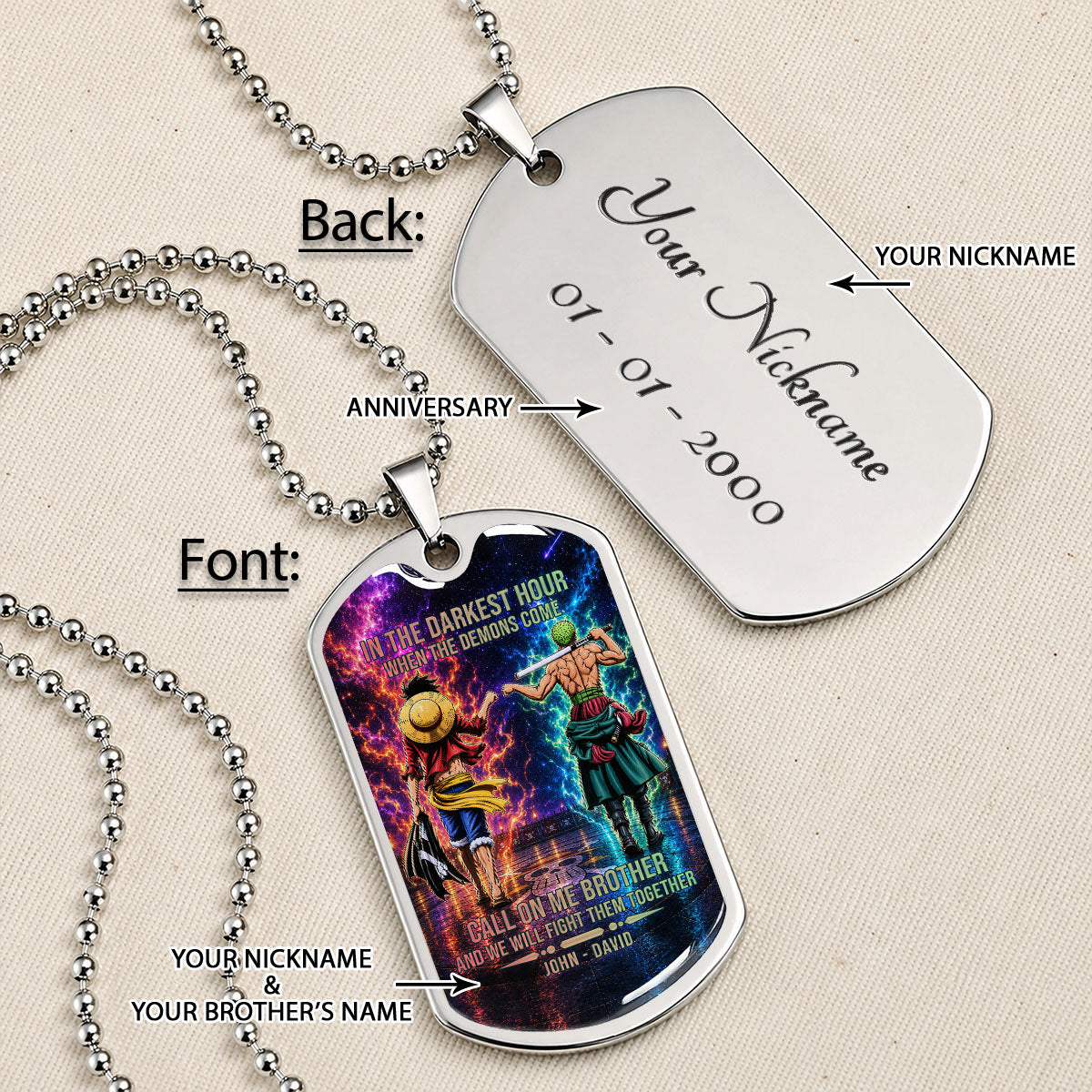 One Piece Dog Tag Necklace - OPDL006 - Monkey D. Luffy - Roronoa Zoro - Call On Me Brother - Military Ball Chain