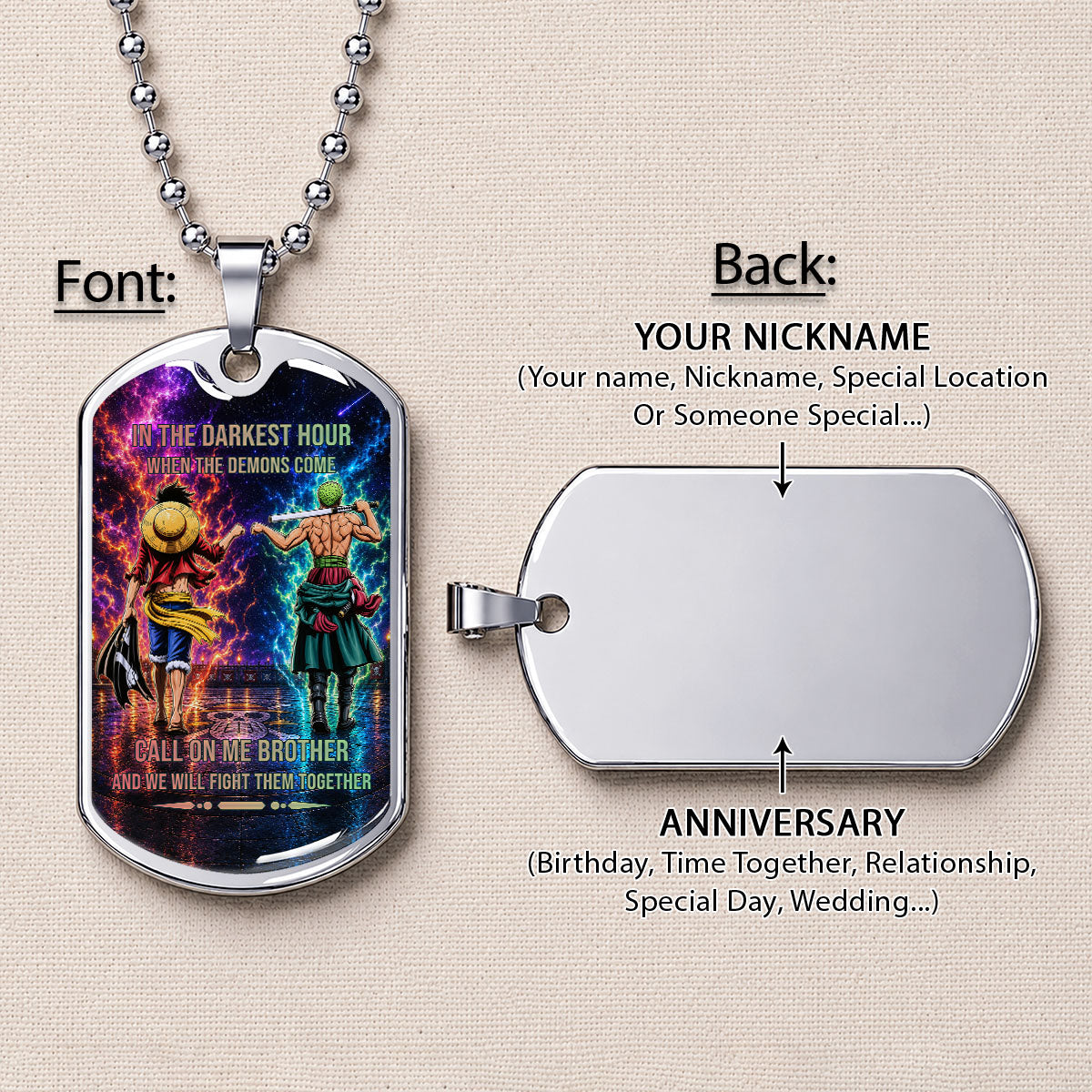 One Piece Dog Tag Necklace - OPDL006 - Monkey D. Luffy - Roronoa Zoro - Call On Me Brother - Military Ball Chain