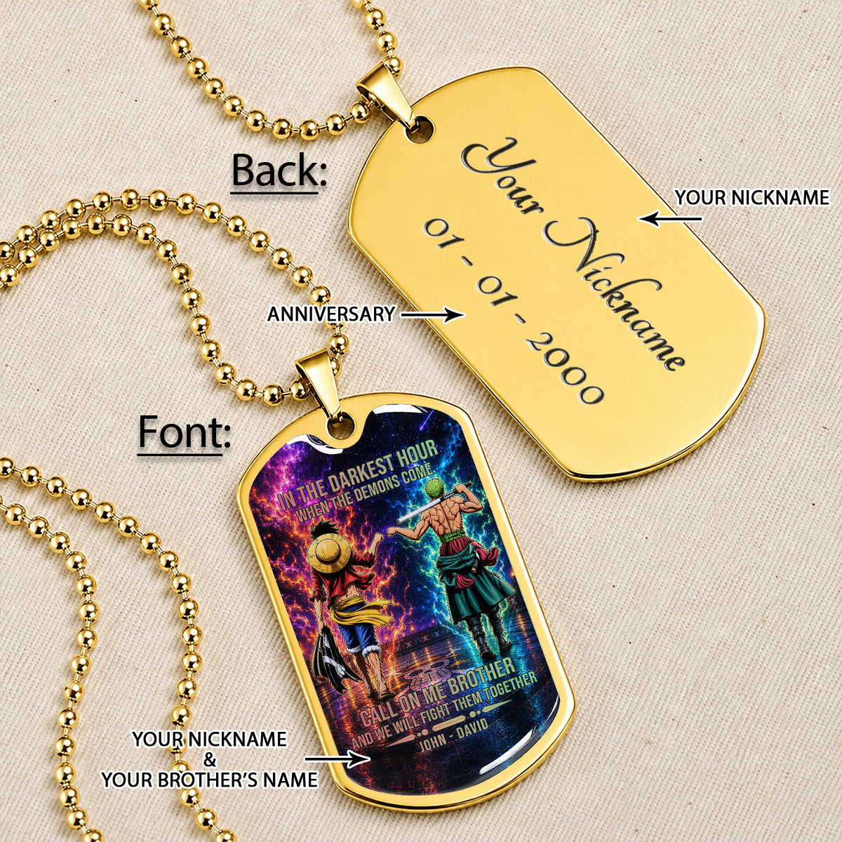 One Piece Dog Tag Necklace - OPDL006 - Monkey D. Luffy - Roronoa Zoro - Call On Me Brother - Military Ball Chain