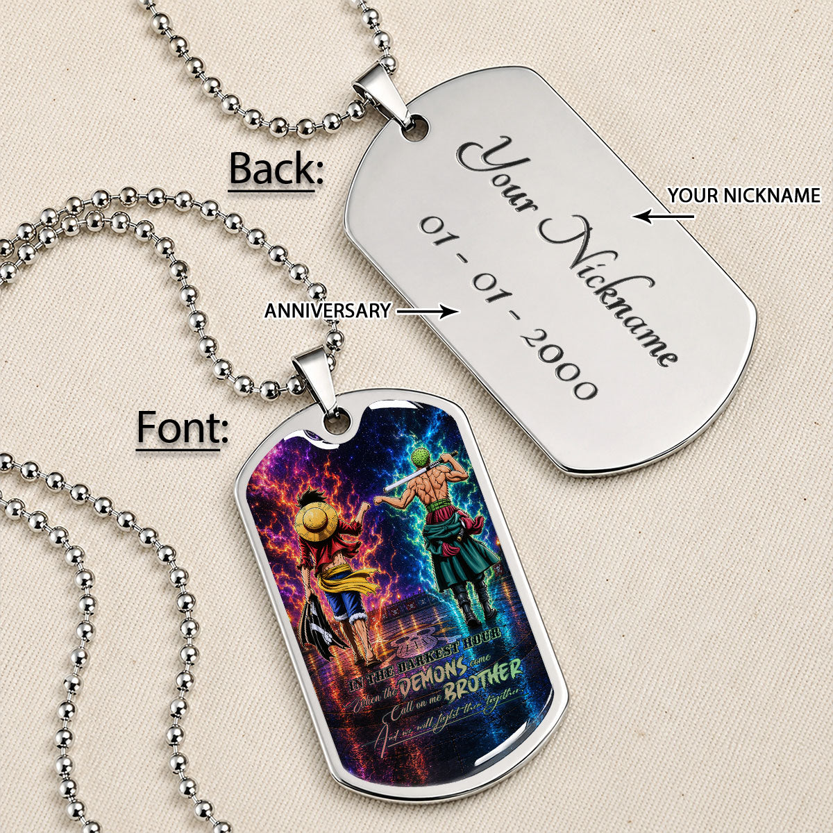 Personalized One Piece Luffy & Zoro Brother Dog Tag Necklace - Call On Me Brother - Stainless Steel Military Pendant Gift for Men - OPDL010