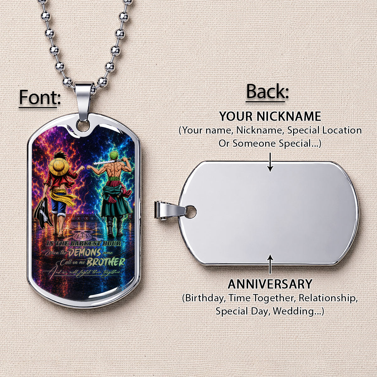 Personalized One Piece Luffy & Zoro Brother Dog Tag Necklace - Call On Me Brother - Stainless Steel Military Pendant Gift for Men - OPDL010