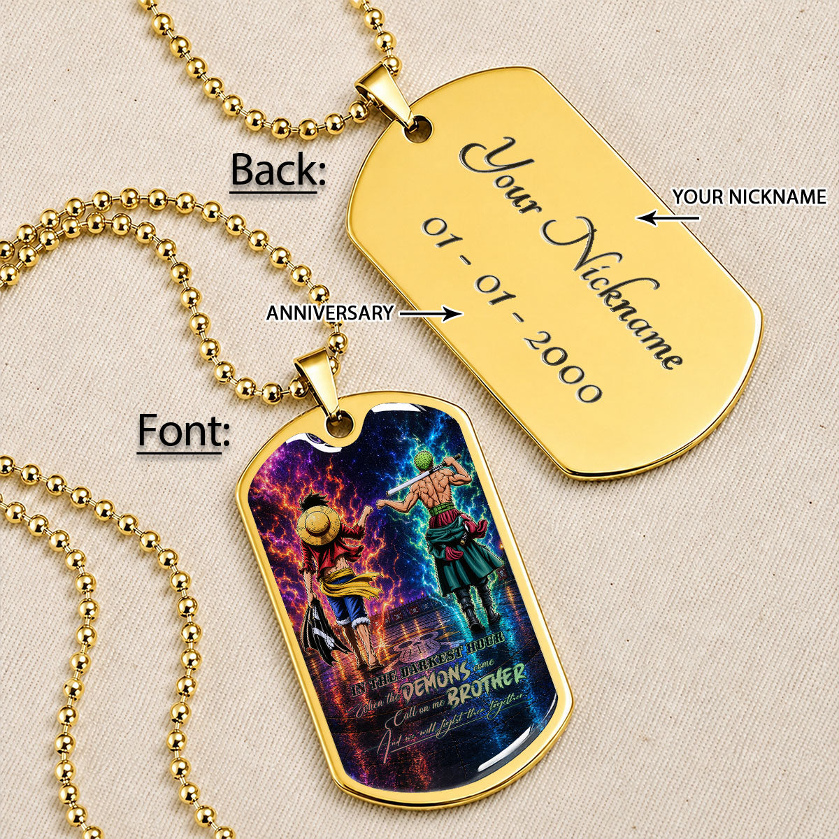Personalized One Piece Luffy & Zoro Brother Dog Tag Necklace - Call On Me Brother - Stainless Steel Military Pendant Gift for Men - OPDL010